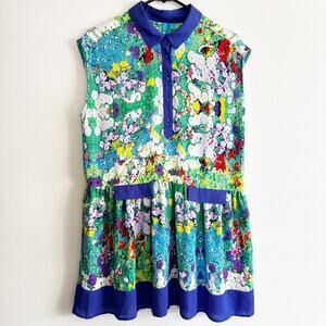 L'Amour Nanette Lepore Women's Sz L Watercolor Floral Sheer Mid Mod Swing Dress